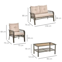Outsunny 4-tlg. Gartensitzgruppe mit Beistelltisch Kissen Rattan Gartenset Polyrattan Metall Grau 136 x 79 x 88 cm(m-3)