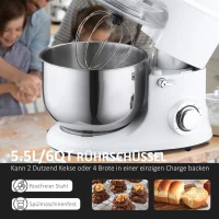 HOMCOM 1200 W elektrisches Handmixer-Set 2-in-1 5,5 L-Rührschüssel Handrührer mit Schneebesen Knethaken Rührbesen 6 Geschwindigkeiten + Impuls-Modus inklusive 304 Stahl Weiß 37 x 23 x 37 cm(m-5)