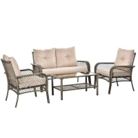 Outsunny 4-tlg. Gartensitzgruppe mit Beistelltisch Kissen Rattan Gartenset Polyrattan Metall Grau 136 x 79 x 88 cm(m-10)