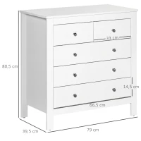 HOMCOM Kommode mit 5 Schubladen Beistellschrank Schubladenkommode Sideboard mit Anti-Kipp-Schutz, Schrank für Wohnzimmer, Schlafzimmer, Weiß 79 x 39,5 x 80,5 cm(m-3)