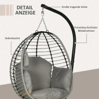 Outsunny Wiszący fotel, Poduszki siedziska i oparcia, Składany koszyk, Uchwyt na kubek, Metalowa rama, Szary(m-7)