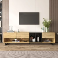 Mobile TV Basso Moderno in Legno con Gambe in Metallo, Tre Cassetti e Ripiani, 200x40x50 cm - Mobiletto Porta TV, Naturale+Nero(m-4)