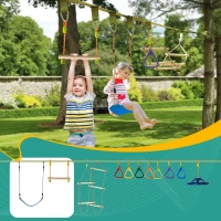 Outsunny Ninja Slackline Set 13 m hängende Hindernisse für 3-14 Jahre Kinder Schwingen Ninja Kinder Klettertraining Seil mit Ringe Holzleiter Schaukel Outdoor Polyester Holz mehrfarbig(m-8)