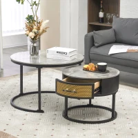 Set di Tavolini da Salotto Moderni, 2 Pezzi, con Piano in Marmo e Cassetti in Legno Massello, 70x70x45,5 cm + 50x50x40 cm, Nero + Grigio(m-1)