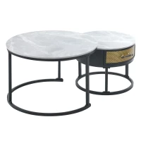 Set di Tavolini da Salotto Moderni, 2 Pezzi, con Piano in Marmo e Cassetti in Legno Massello, 70x70x45,5 cm + 50x50x40 cm, Nero + Grigio(m-2)