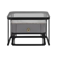 Set di 2 Tavolini da Salotto Impilabili con Piano in Marmo Lucido e Vetro, Struttura in Metallo e Cassetti, 60x60x42 cm + 50x50x34 cm, Nero(m-7)