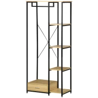 HOMCOM Garderobe im Industriedesign 1 Schublade, 1 Kleiderstange, 4 Regale 77 cm x 39 cm x 180 cm Schwarz + Natur(m-10)