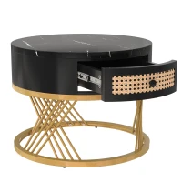 Tavolini Rotondi con Piano in Effetto Marmo e Cassetti in Rattan Sintetico, 2 in 1 da Salotto, Gambe in Ferro, Nero(m-6)