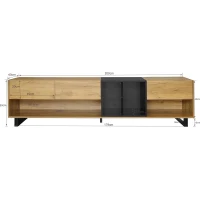 Mobile TV Basso Moderno in Legno con Gambe in Metallo, Tre Cassetti e Ripiani, 200x40x50 cm - Mobiletto Porta TV, Naturale+Nero(m-3)