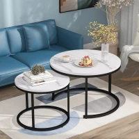 Tavolini da Salotto Rotondi Moderni Impilabili in MDF, con Struttura in Metallo, Dimensioni 50x70.5 cm+45.5x44 cm, Colore Marmo(m-4)