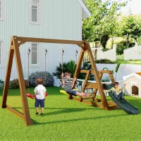 Altalena in legno doppia per bambini con scivolo e scala da arrampicata, 239x240x169 cm, colore naturale(m-5)
