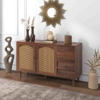 Credenza Moderna in Stile Naturale con Inserti in Rattan, Tre Porte e Due Cassetti Irregolari, 130x75,5x40 cm per Soggiorno o Cucina, Rattan(m-5)