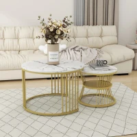 Set de 2 Măsuțe de Cafea Moderne, din MDF cu Finisaj Efect de Marmură și Structură Metalică Aurie, 70x70x47 cm și 45x45x40 cm, Alb(m-5)