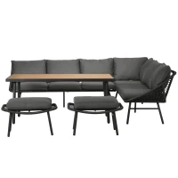 Outsunny Gartenmöbelset, 5-tlg., 2 x Sitzbank, 2 x Hocker, 1 x Tisch, Sitzkissen, Stahlrahmen, Kunstrattan, schwarz(m-10)