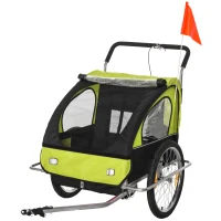 HOMCOM Kinderanhänger, für 2 Kinder, Universalkupplung, Regenschutz, grün+schwarz, 142 x 85 x 105 cm(m-10)
