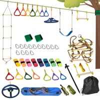 Outsunny Ninja Slackline Set 13 m hängende Hindernisse für 3-14 Jahre Kinder Schwingen Ninja Kinder Klettertraining Seil mit Ringe Holzleiter Schaukel Outdoor Polyester Holz mehrfarbig(m-1)