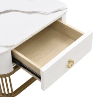 Set di Tavolini da Salotto Impilabili in Marmo Lucido con Dettagli Dorati e Cassetti, 60x60x45 cm + 50x50x34 cm, Bianco(m-10)