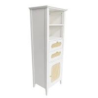 Credenza Moderna per Soggiorno con Rattan e Superficie Laccata, Funzionale e Elegante, 140,5x38x50 cm, Bianco(m-6)