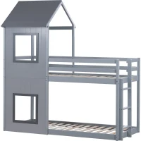 Letto a Castello per Bambini in Stile Casa, con Scala e Baldacchino, in Legno Massello, 90x200 cm, Grigio(m-6)