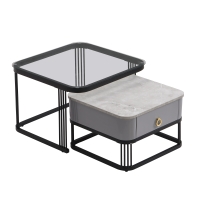 Set de 2 Măsuțe de Cafea Suprapozabile cu Blat din Marmură Lucioasă și Sticlă, Structură din Metal și Sertare, 60x60x42 cm + 50x50x34 cm, Negru