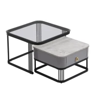 Set di 2 Tavolini da Salotto Impilabili con Piano in Marmo Lucido e Vetro, Struttura in Metallo e Cassetti, 60x60x42 cm + 50x50x34 cm, Nero(m-2)