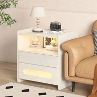 Comodino Moderno con Luci LED e 2 Cassetti, Tavolino da Notte per Camera da Letto, 50x40x58 cm, Bianco(m-6)