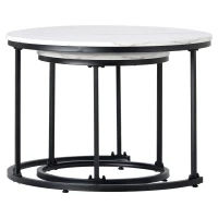 Tavolini da Salotto Rotondi Moderni Impilabili in MDF, con Struttura in Metallo, Dimensioni 50x70.5 cm+45.5x44 cm, Colore Marmo(m-7)