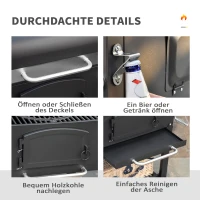 Outsunny Holzkohlegrill BBQ Gartengrill mit Deckel und Ablagen Metall Smoker BBQ Warmhalteplatte Regale Gartenparty Transportrollen Schwarz 124 x 66 x 112 cm(m-8)