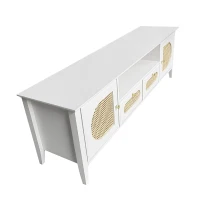 Mobiletto Porta TV in Rattan Curvato con Ante Dipinte e Scomparti Aperti, 160x38x50 cm, Bianco(m-8)