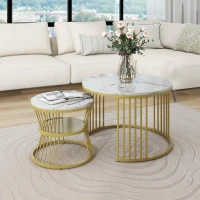 Set de 2 Măsuțe de Cafea Moderne, din MDF cu Finisaj Efect de Marmură și Structură Metalică Aurie, 70x70x47 cm și 45x45x40 cm, Alb(m-4)