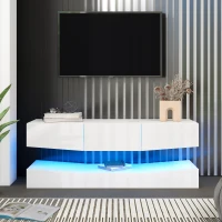 Mobile Porta TV Sospeso Moderno con Illuminazione LED, 3 Ripiani, in Truciolare, 180x40 cm - Mobiletto Porta TV Particolare, Bianco(m-4)