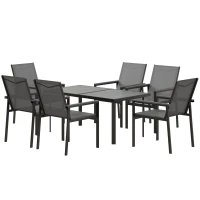 Outsunny Seven-Piece Metal Dining Set, with Glass-Top Table - Grey(m-11)
