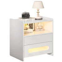 Comodino Moderno con Luci LED e 2 Cassetti, Tavolino da Notte per Camera da Letto, 50x40x58 cm, Bianco(m-2)