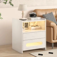 Comodino Moderno con Luci LED e 2 Cassetti, Tavolino da Notte per Camera da Letto, 50x40x58 cm, Bianco(m-4)