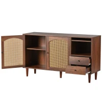 Credenza Moderna in Stile Naturale con Inserti in Rattan, Tre Porte e Due Cassetti Irregolari, 130x75,5x40 cm per Soggiorno o Cucina, Rattan(m-6)