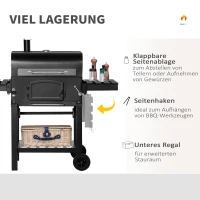 Outsunny Holzkohlegrill BBQ Gartengrill mit Deckel und Ablagen Metall Smoker BBQ Warmhalteplatte Regale Gartenparty Transportrollen Schwarz 124 x 66 x 112 cm(m-6)