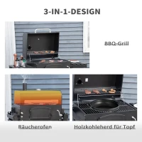 Outsunny Holzkohlegrill BBQ Gartengrill mit Deckel und Ablagen Metall Smoker BBQ Warmhalteplatte Regale Gartenparty Transportrollen Schwarz 124 x 66 x 112 cm(m-4)