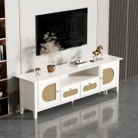 Mobiletto Porta TV in Rattan Curvato con Ante Dipinte e Scomparti Aperti, 160x38x50 cm, Bianco(m-1)