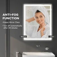 kleankin Bathroom Mirror with LED Lights, Illuminated Makeup Mirror with 3 Colours, Defogging Film and Memory Function, Hardwired, Horizontal or Vertical, 90 x 70 cm(m-6)