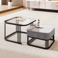 Set di 2 Tavolini da Salotto Impilabili con Piano in Marmo Lucido e Vetro, Struttura in Metallo e Cassetti, 60x60x42 cm + 50x50x34 cm, Nero(m-5)