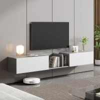 Mobiletto Porta TV Sospeso Extra-Large con 2 Ante e 2 Ripiani Aperti, Sistema Push-to-Open, Supporta TV fino a 90 Pollici, 220x35x30 cm, Bianco(m-1)