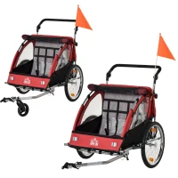 HOMCOM 2-in-1 Kinderanhänger, Regenschutz, Sicherheitsgurt, für 2 Kinder, rot+schwarz, 160 x 84 x 106 cm(m-10)