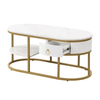 Tavolino da Salotto Moderno Ovale in Marmo con Struttura in Ferro Dorato, Dotato di Cassetti e Ripiani, Maniglie Dorate, 100x50x45 cm, Bianco(m-7)