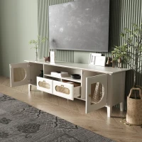 Mobiletto Porta TV in Rattan Curvato con Ante Dipinte e Scomparti Aperti, 160x38x50 cm, Bianco(m-5)