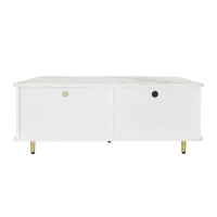 Tavolino da Salotto Moderno con Top Effetto Marmo e Porta in Vetro Temperato, Cassetti Ondulati, Maniglie e Gambe Dorate, 100x50x40 cm, Bianco(m-7)