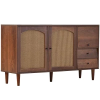 Credenza Moderna in Stile Naturale con Inserti in Rattan, Tre Porte e Due Cassetti Irregolari, 130x75,5x40 cm per Soggiorno o Cucina, Rattan(m-2)