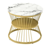 Set de 2 Măsuțe de Cafea Moderne, din MDF cu Finisaj Efect de Marmură și Structură Metalică Aurie, 70x70x47 cm și 45x45x40 cm, Alb(m-11)