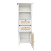 Credenza Moderna per Soggiorno con Rattan e Superficie Laccata, Funzionale e Elegante, 140,5x38x50 cm, Bianco(m-7)