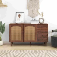 Credenza Moderna in Stile Naturale con Inserti in Rattan, Tre Porte e Due Cassetti Irregolari, 130x75,5x40 cm per Soggiorno o Cucina, Rattan(m-1)