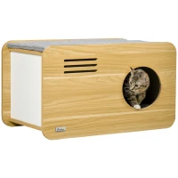 PawHut Katzenhaus, Katzenhöhle, Liegefläche auf dem Dach, Kratzwand, für Katzen bis 5kg, Holz+grau+weiß, 70 x 40 x 40cm(m-1)